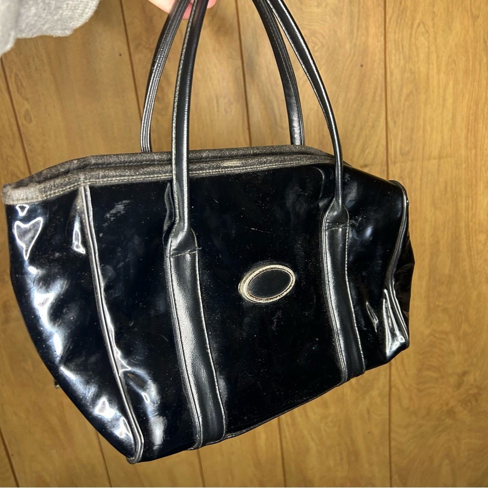 Vintage 60s Black Vinyl Lock Small Handbag - Picture 2 of 9